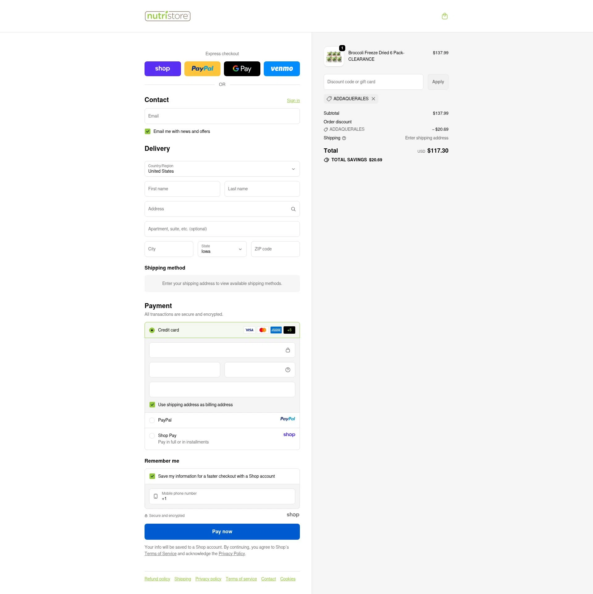 Nutristore Foods checkout page showing Nutristore Foods discount code box | Screenshot taken by SimplyCodes community member on Oct 1, 2025