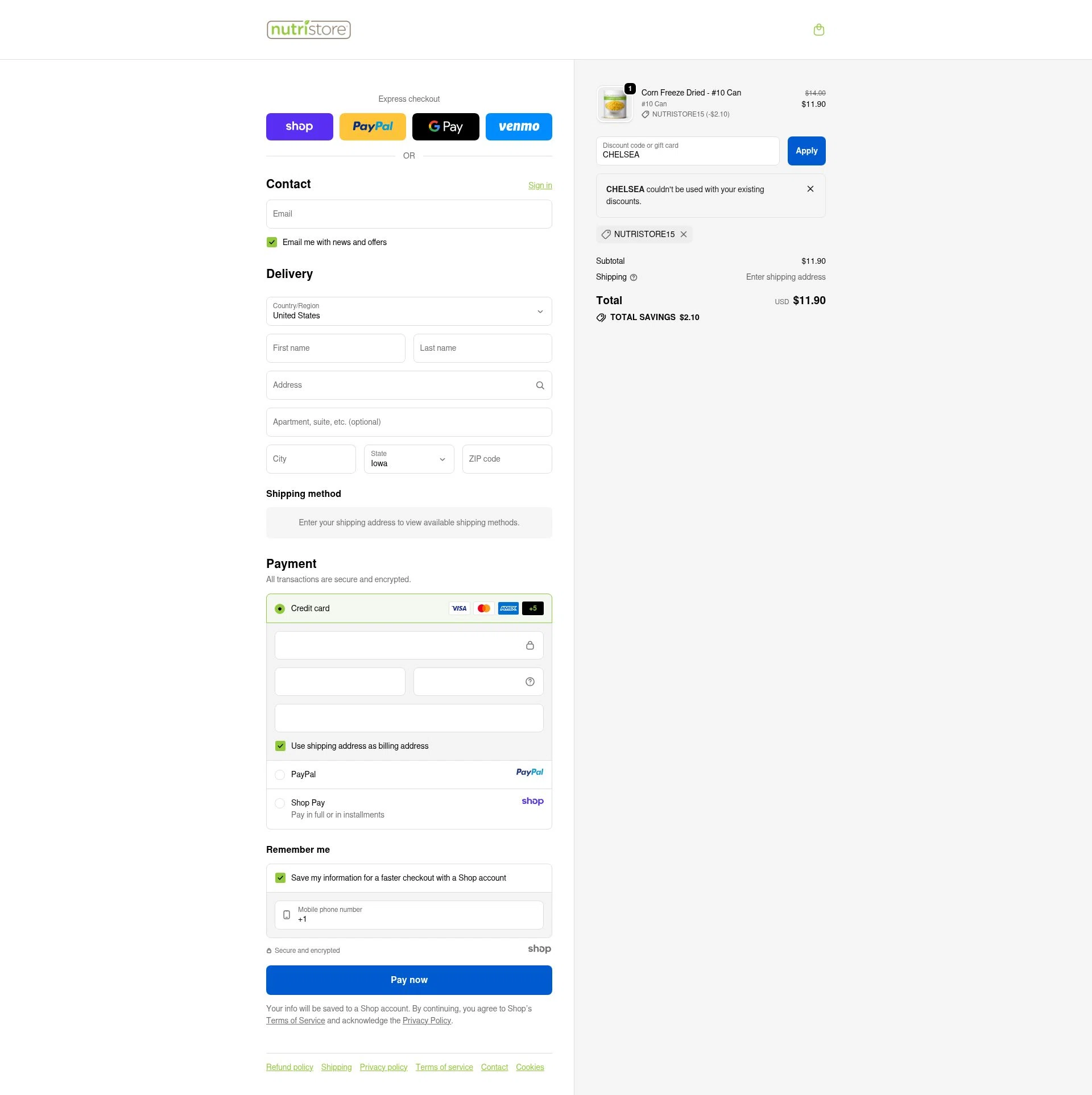 Nutristore Foods checkout page showing Nutristore Foods discount code box | Screenshot taken by SimplyCodes community member on Oct 5, 2025