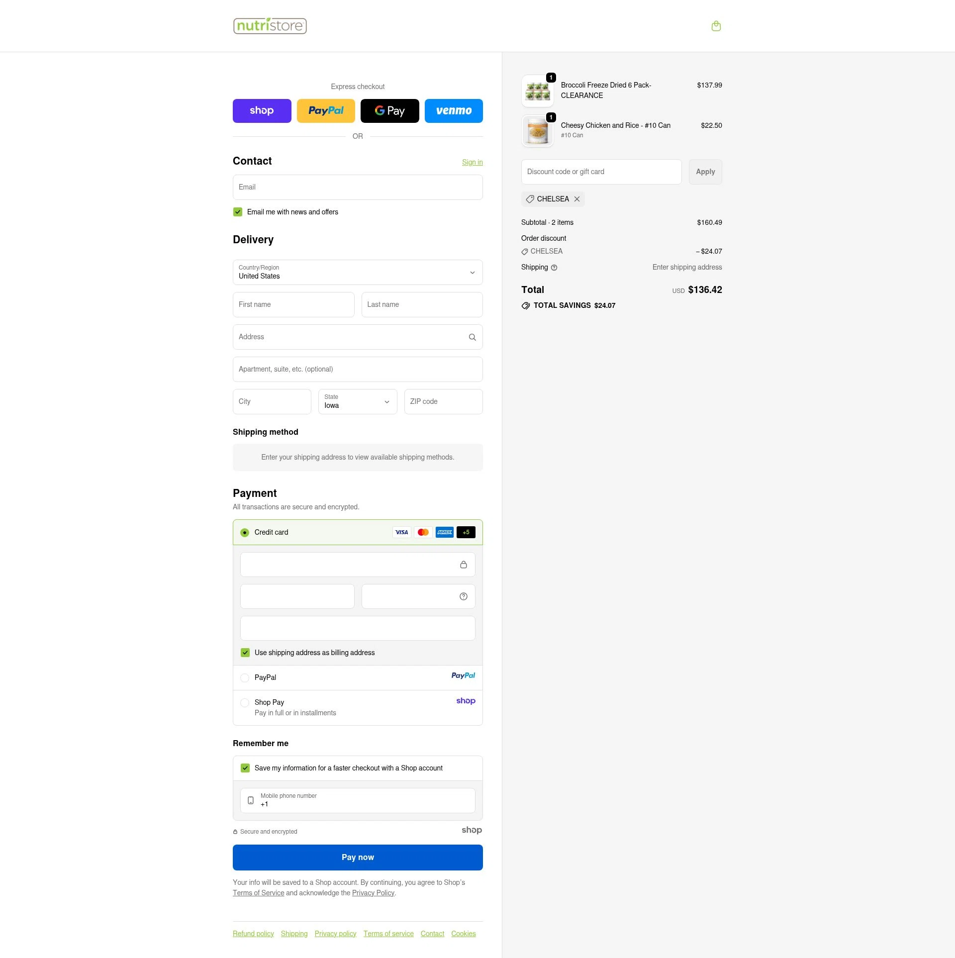 Nutristore Foods checkout page showing Nutristore Foods discount code box | Screenshot taken by SimplyCodes community member on Sep 23, 2025
