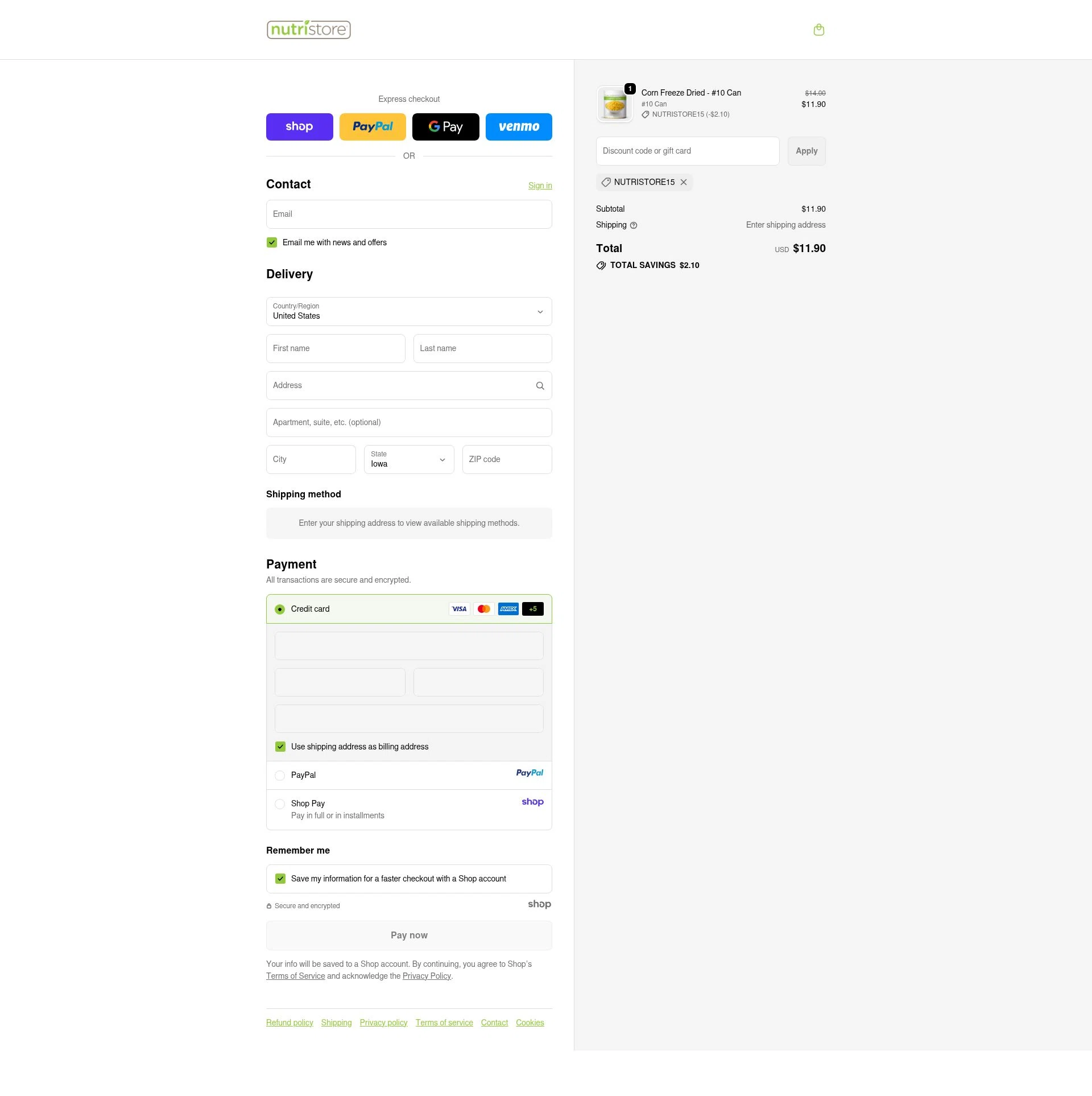 Nutristore Foods checkout page showing Nutristore Foods discount code box | Screenshot taken by SimplyCodes community member on Oct 5, 2025