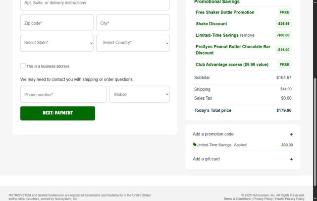 NutriSystem checkout page showing NutriSystem promo code box | Screenshot taken by SimplyCodes community member on Aug 29, 2025