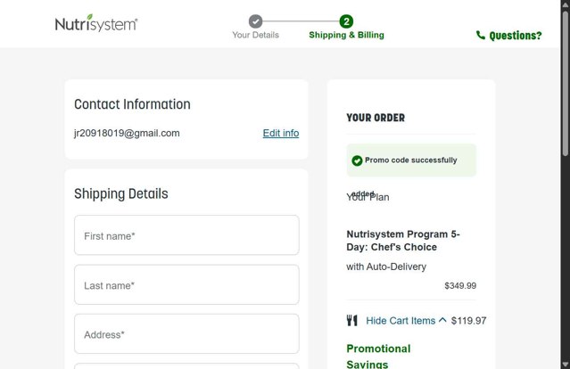 NutriSystem checkout page showing NutriSystem promo code box | Screenshot taken by SimplyCodes community member on Aug 30, 2025