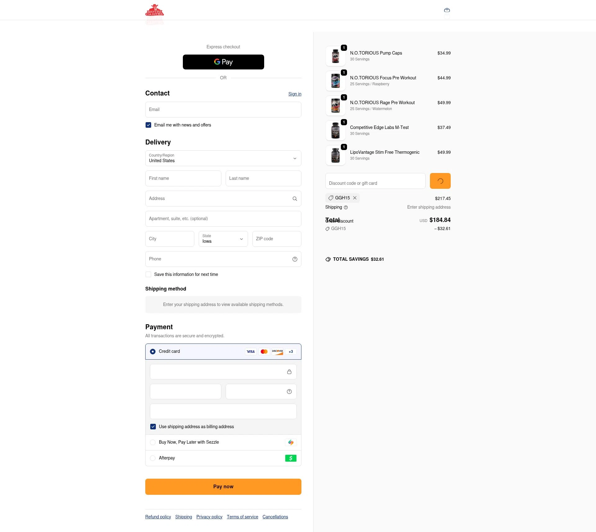 Nutrition Cartel checkout page showing Nutrition Cartel discount code box | Screenshot taken by SimplyCodes community member on Feb 12, 2026