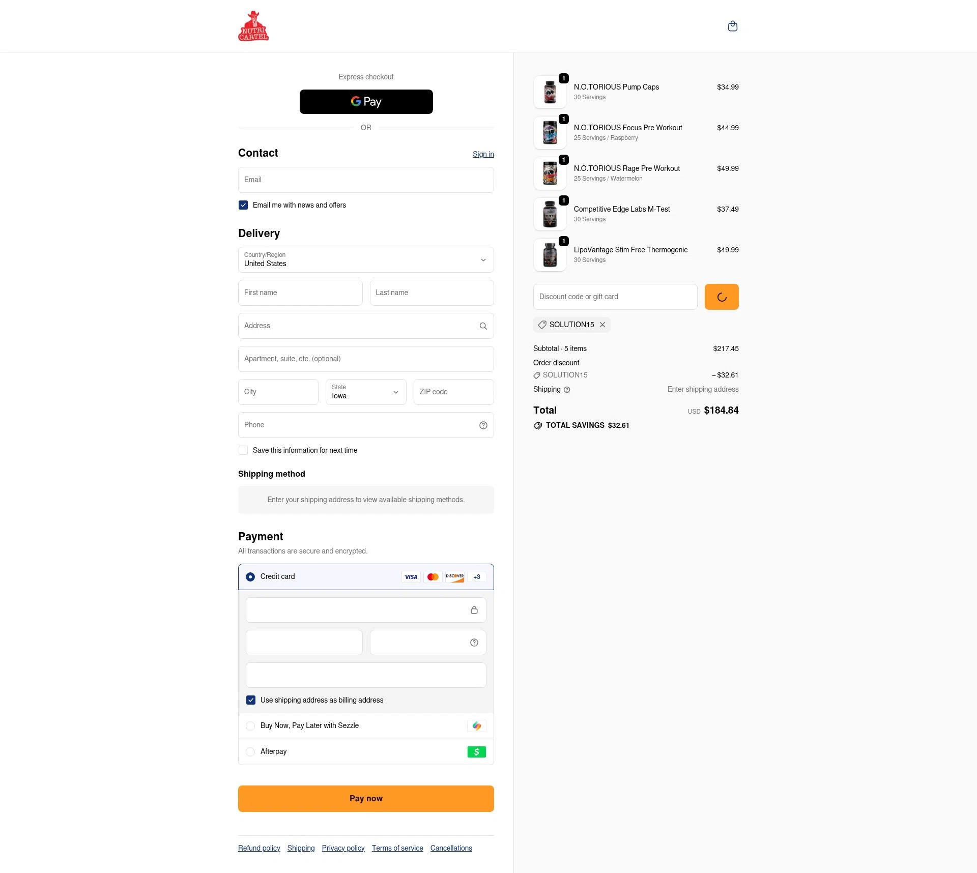 Nutrition Cartel checkout page showing Nutrition Cartel discount code box | Screenshot taken by SimplyCodes community member on Feb 12, 2026