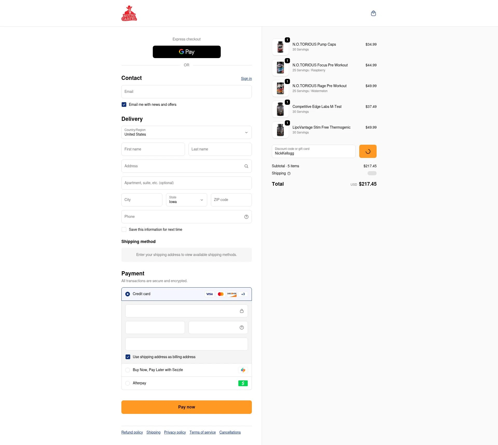 Nutrition Cartel checkout page showing Nutrition Cartel discount code box | Screenshot taken by SimplyCodes community member on Feb 12, 2026