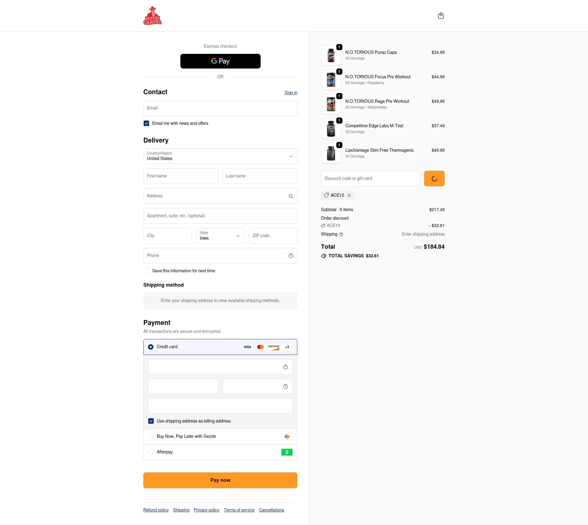 Nutrition Cartel checkout page showing Nutrition Cartel discount code box | Screenshot taken by SimplyCodes community member on Feb 12, 2026