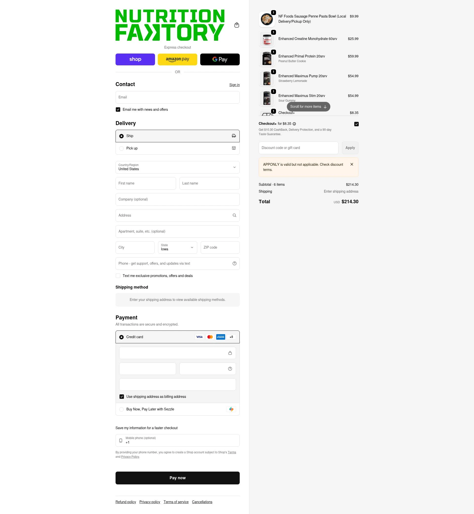 Nutrition Faktory checkout page showing Nutrition Faktory discount code box | Screenshot taken by SimplyCodes community member on Feb 10, 2026