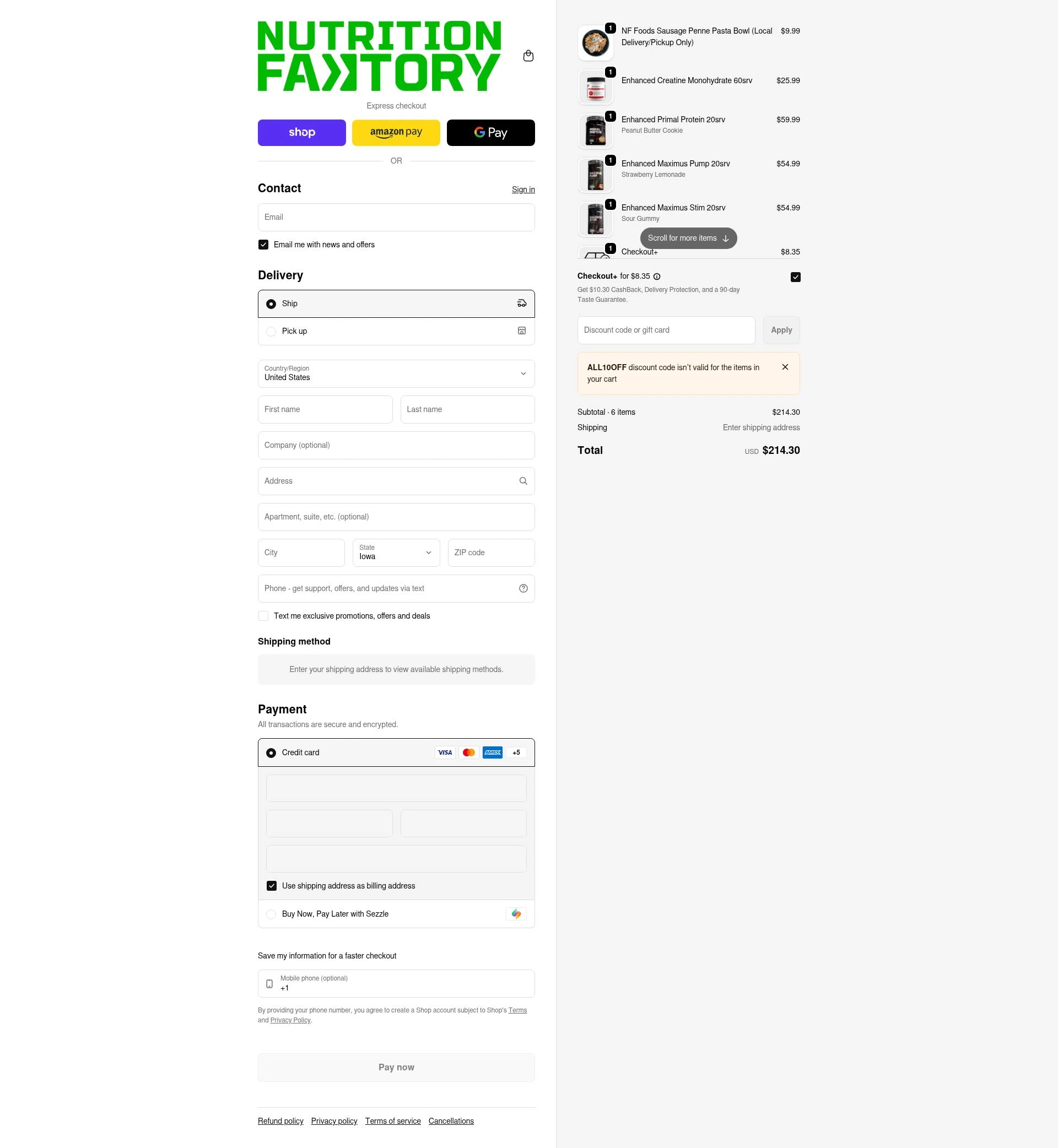 Nutrition Faktory checkout page showing Nutrition Faktory discount code box | Screenshot taken by SimplyCodes community member on Feb 10, 2026