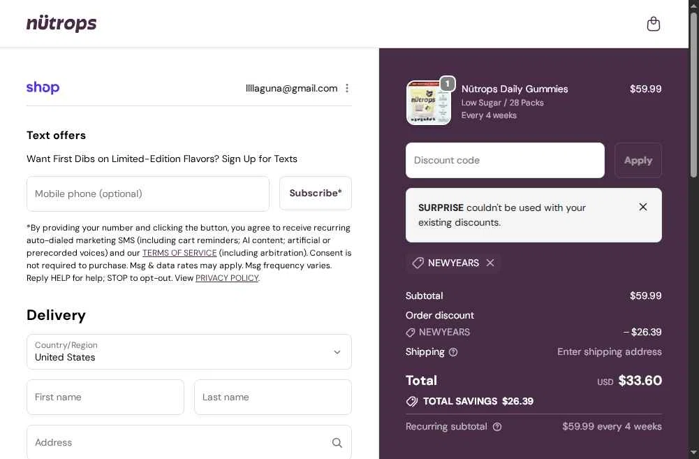Nütrops checkout page showing Nütrops promo code box | Screenshot taken by SimplyCodes community member on Dec 24, 2025