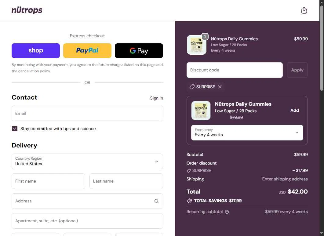 Nütrops checkout page showing Nütrops promo code box | Screenshot taken by SimplyCodes community member on Sep 30, 2025