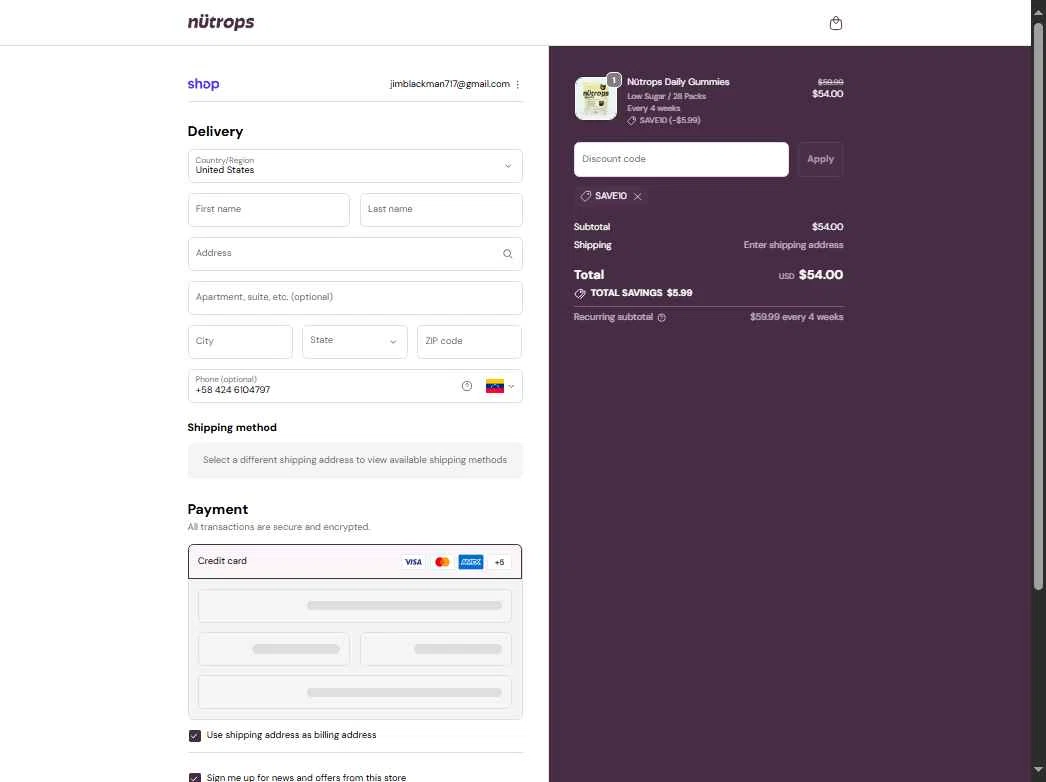 Nütrops checkout page showing Nütrops promo code box | Screenshot taken by SimplyCodes community member on Oct 29, 2025