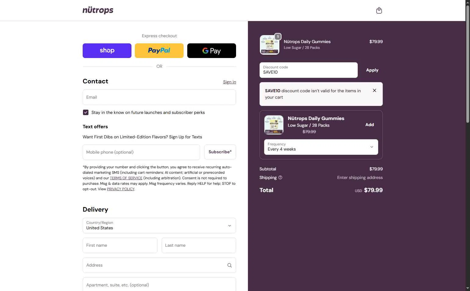 Nütrops checkout page showing Nütrops promo code box | Screenshot taken by SimplyCodes community member on Nov 27, 2025