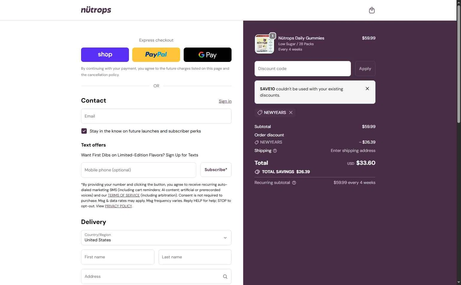 Nütrops checkout page showing Nütrops promo code box | Screenshot taken by SimplyCodes community member on Dec 26, 2025