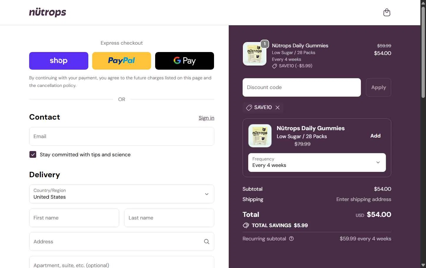 Nütrops checkout page showing Nütrops promo code box | Screenshot taken by SimplyCodes community member on Sep 30, 2025