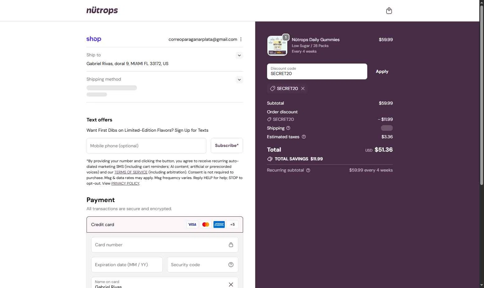 Nütrops checkout page showing Nütrops promo code box | Screenshot taken by SimplyCodes community member on Nov 28, 2025