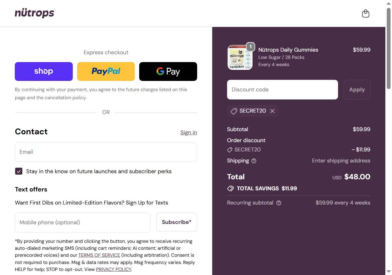 Nütrops checkout page showing Nütrops promo code box | Screenshot taken by SimplyCodes community member on Dec 27, 2025