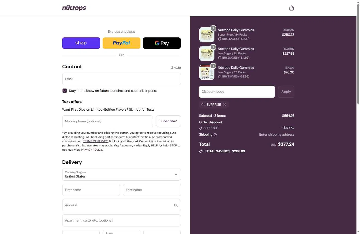 Nütrops checkout page showing Nütrops promo code box | Screenshot taken by SimplyCodes community member on Dec 30, 2025