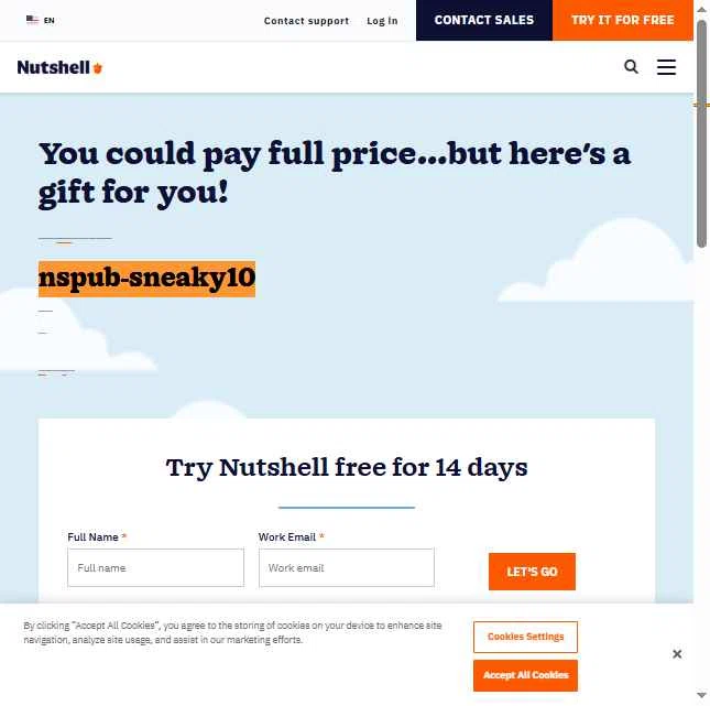 Nutshell checkout page showing Nutshell coupon code box | Screenshot taken by SimplyCodes community member on Apr 27, 2025