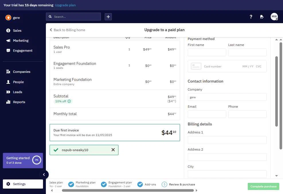 Nutshell checkout page showing Nutshell coupon code box | Screenshot taken by SimplyCodes community member on Apr 27, 2025