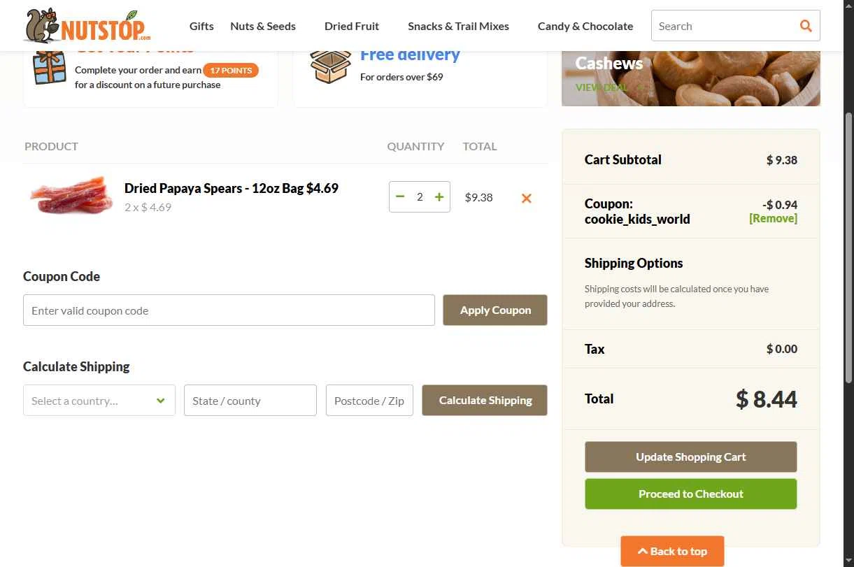 Nutstop.com checkout page showing Nutstop.com promo code box | Screenshot taken by SimplyCodes community member on Jan 14, 2026
