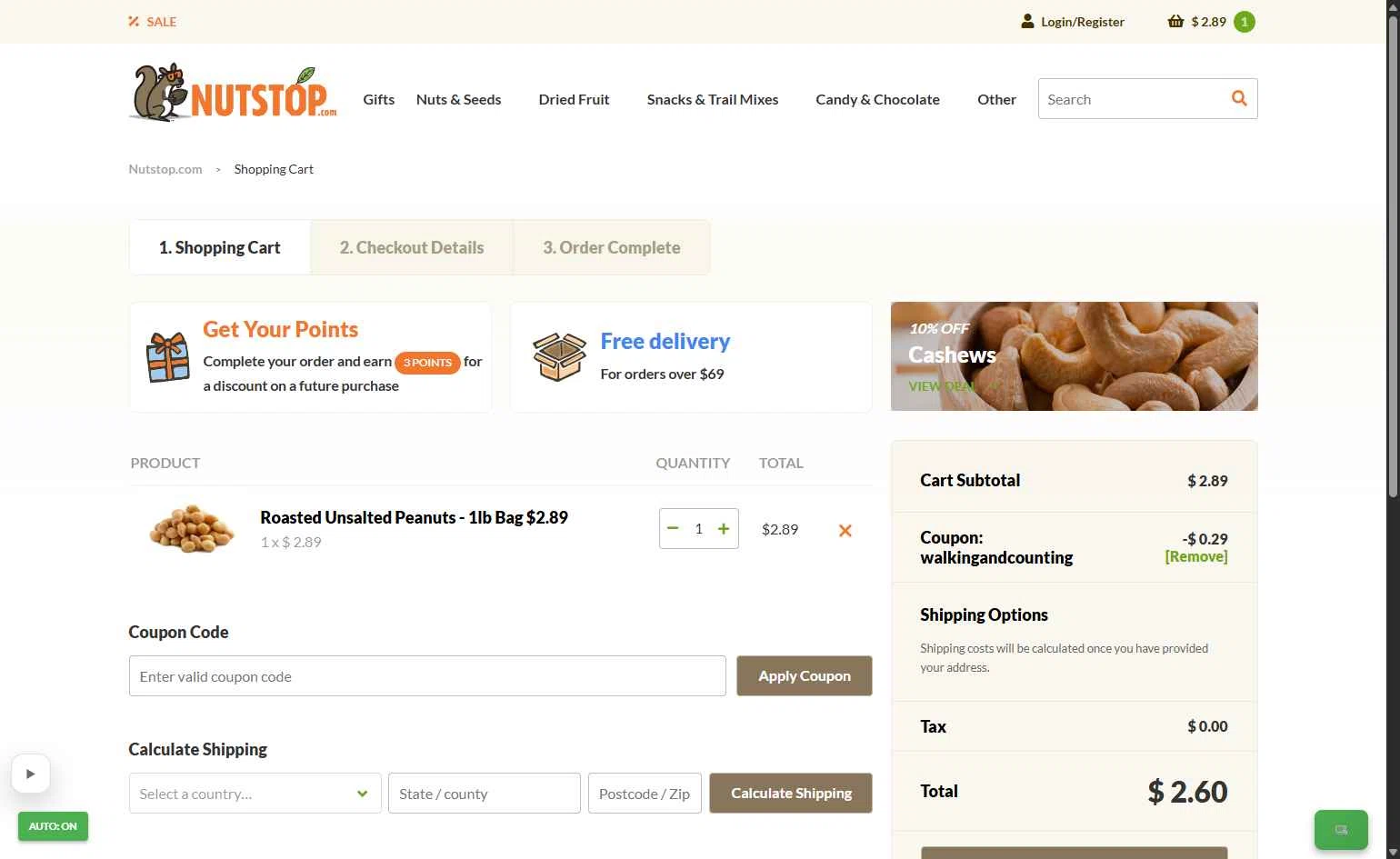 Nutstop.com checkout page showing Nutstop.com promo code box | Screenshot taken by SimplyCodes community member on Jan 26, 2026