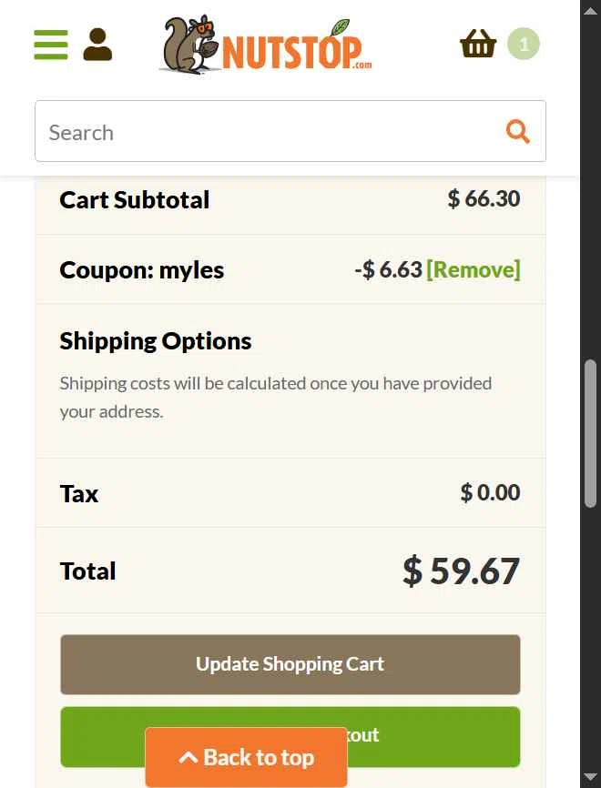 Nutstop.com checkout page showing Nutstop.com promo code box | Screenshot taken by SimplyCodes community member on Jan 9, 2026
