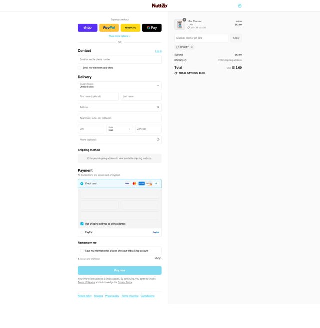 NuttZo checkout page showing NuttZo promo code box | Screenshot taken by SimplyCodes community member on Sep 4, 2025