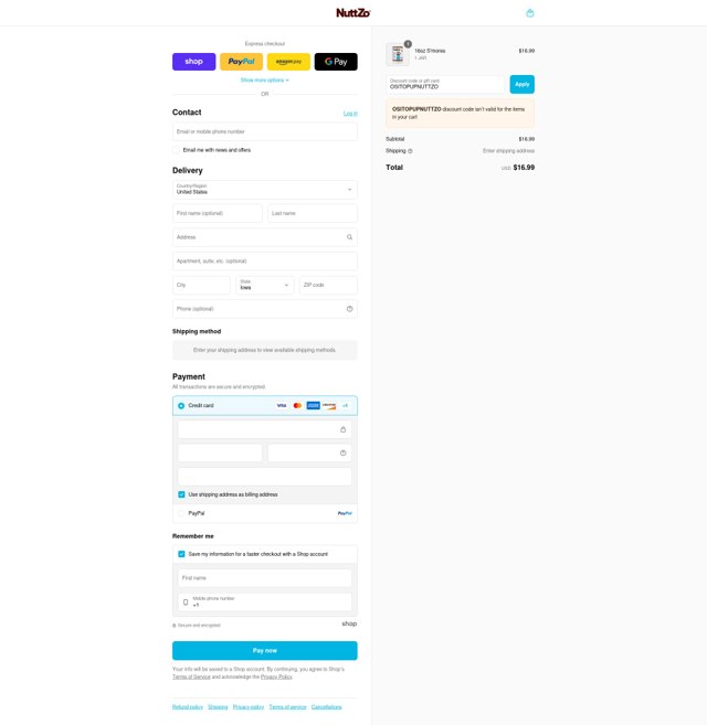 NuttZo checkout page showing NuttZo promo code box | Screenshot taken by SimplyCodes community member on Sep 4, 2025