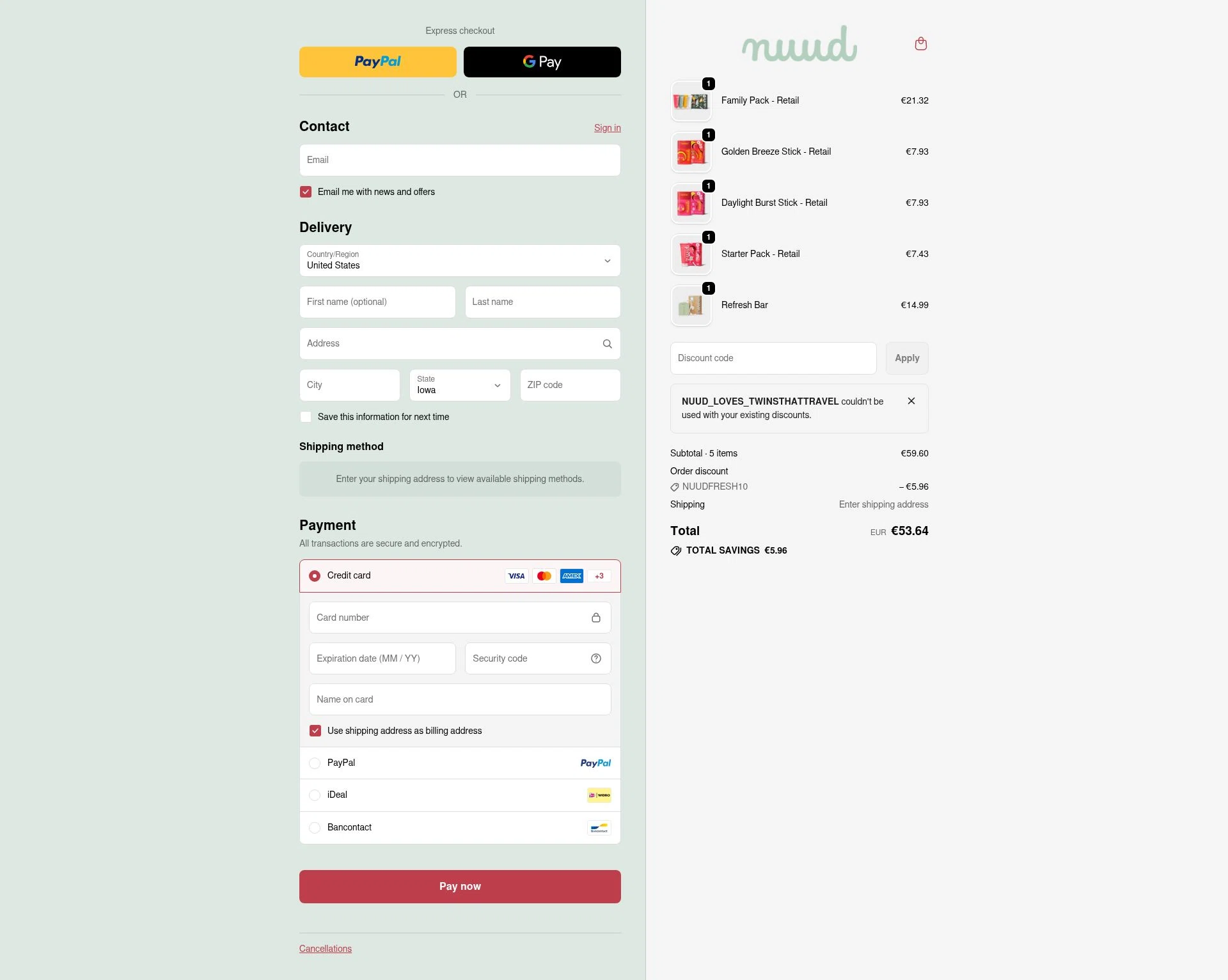 Nuud Care checkout page showing Nuud Care discount code box | Screenshot taken by SimplyCodes community member on Feb 8, 2026