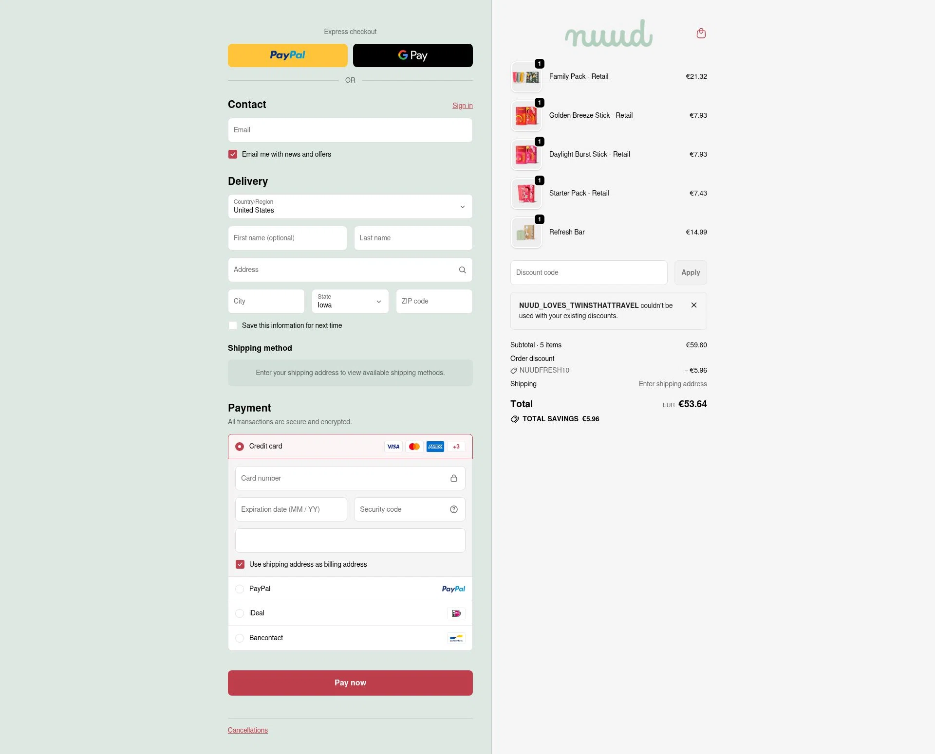 Nuud Care checkout page showing Nuud Care discount code box | Screenshot taken by SimplyCodes community member on Jan 26, 2026