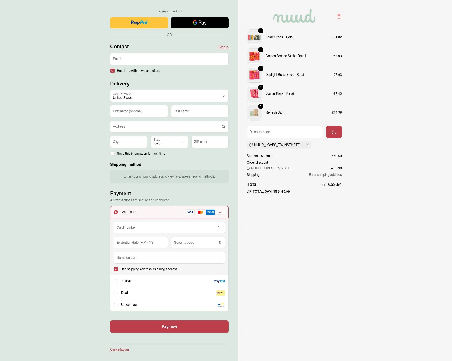 Nuud Care checkout page showing Nuud Care discount code box | Screenshot taken by SimplyCodes community member on Jan 31, 2026