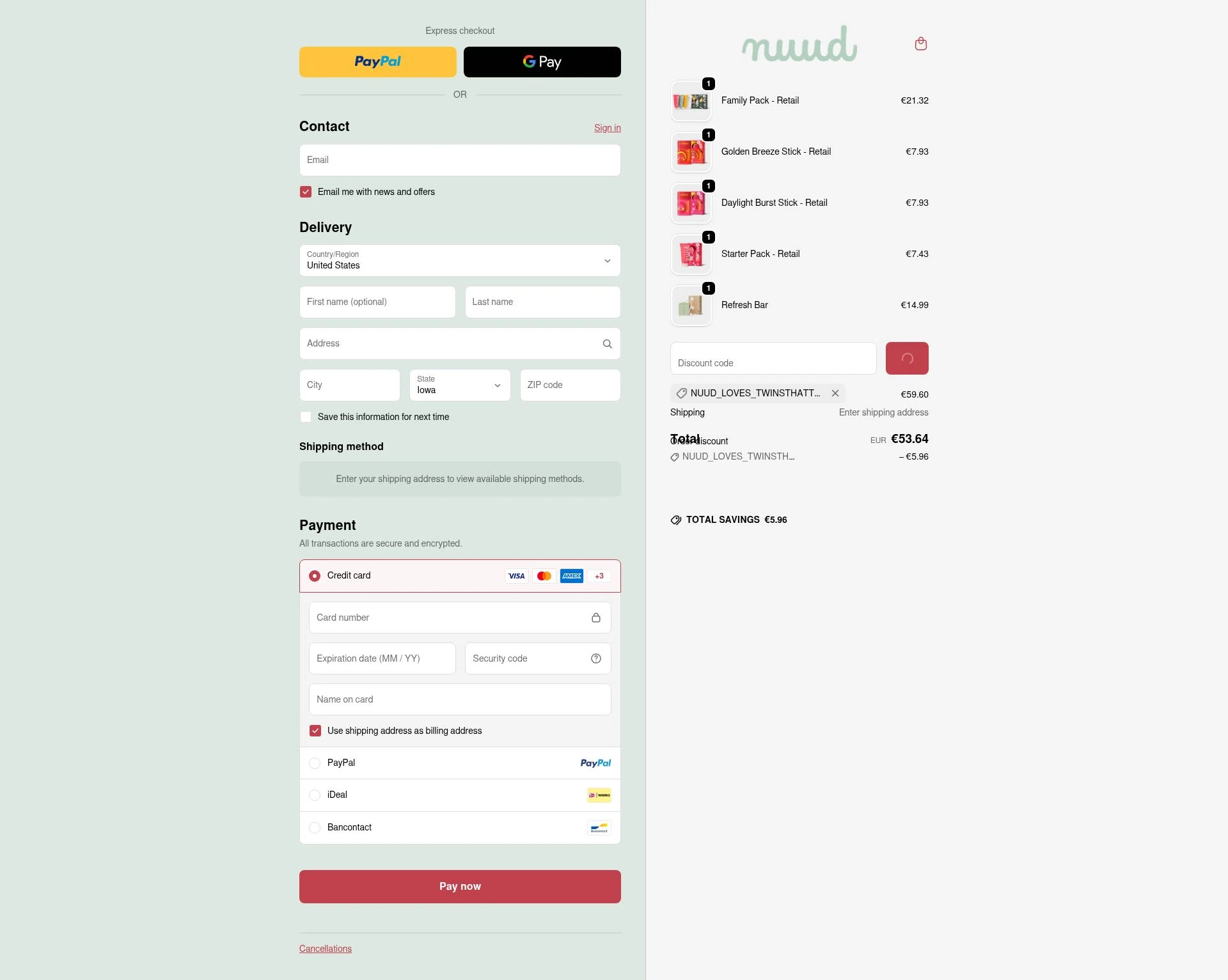 Nuud Care checkout page showing Nuud Care discount code box | Screenshot taken by SimplyCodes community member on Feb 4, 2026