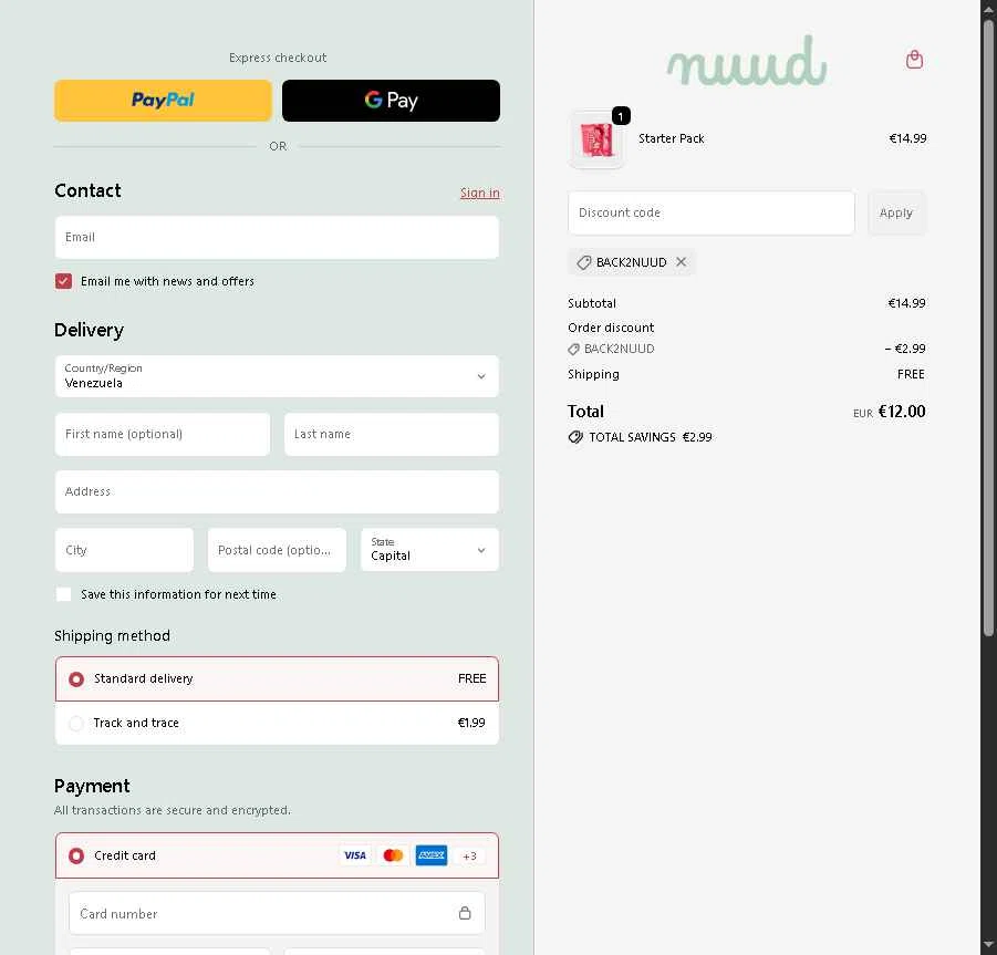 Nuud Care checkout page showing Nuud Care discount code box | Screenshot taken by SimplyCodes community member on Jan 29, 2026