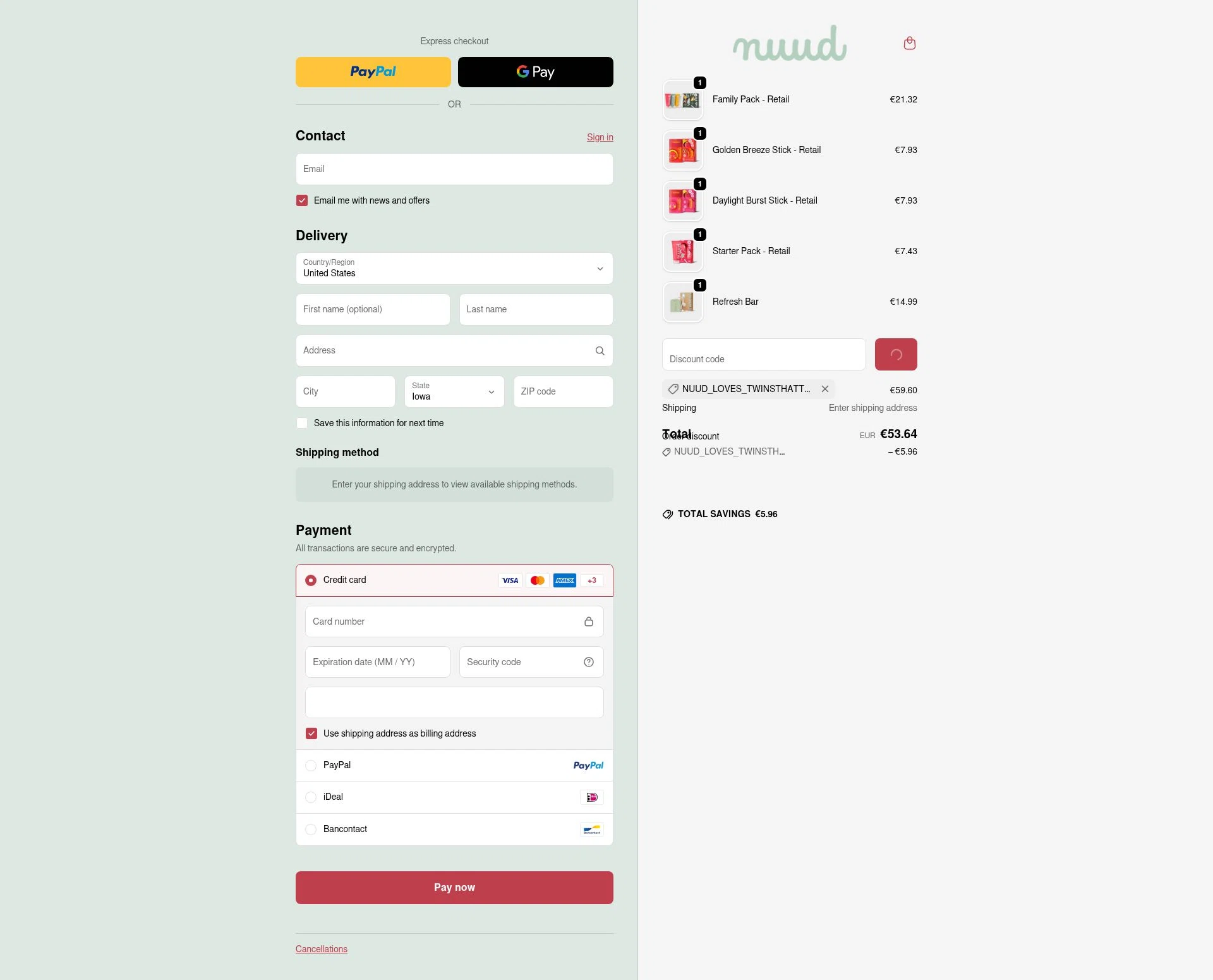 Nuud Care checkout page showing Nuud Care discount code box | Screenshot taken by SimplyCodes community member on Jan 22, 2026