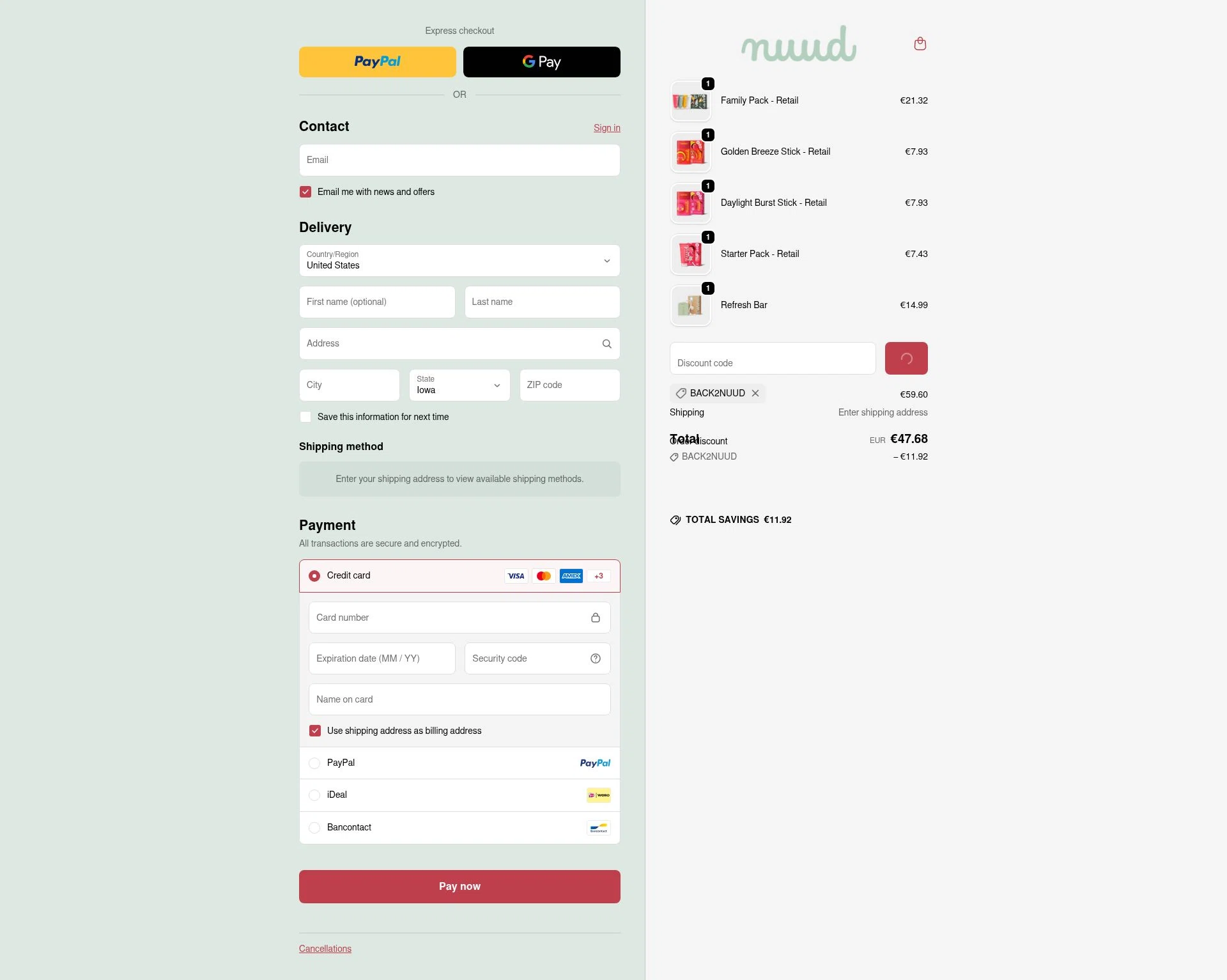 Nuud Care checkout page showing Nuud Care discount code box | Screenshot taken by SimplyCodes community member on Feb 4, 2026