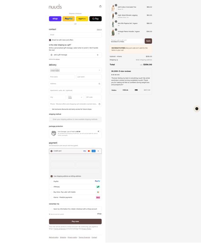 Nuuds checkout page showing Nuuds discount code box | Screenshot taken by SimplyCodes community member on Sep 12, 2025