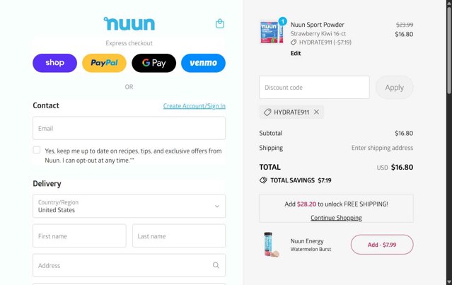 Nuun checkout page showing Nuun discount code box | Screenshot taken by SimplyCodes community member on Sep 5, 2025