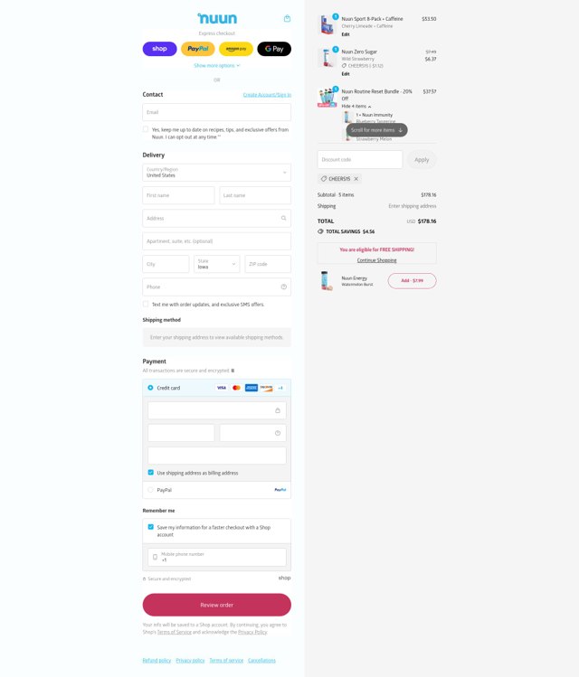 Nuun checkout page showing Nuun discount code box | Screenshot taken by SimplyCodes community member on Sep 4, 2025