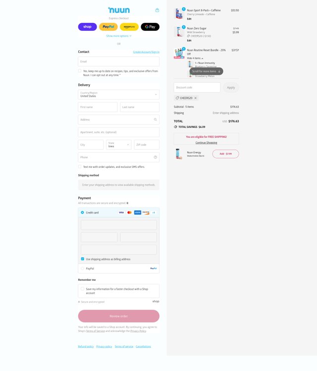 Nuun checkout page showing Nuun discount code box | Screenshot taken by SimplyCodes community member on Sep 4, 2025
