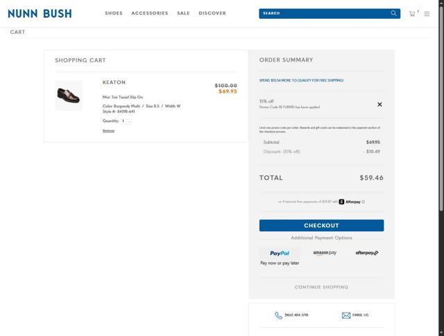 Nunn Bush checkout page showing Nunn Bush promo code box | Screenshot taken by SimplyCodes community member on Sep 24, 2025