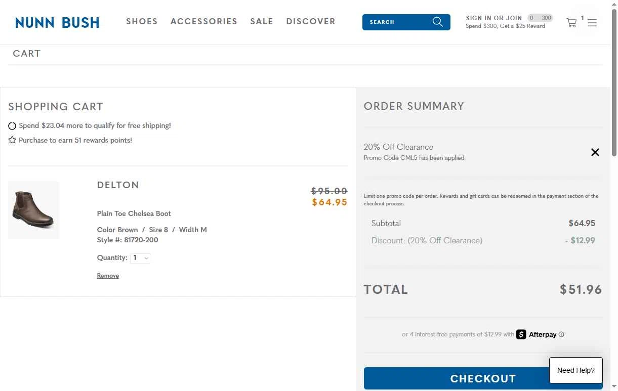 Nunn Bush checkout page showing Nunn Bush promo code box | Screenshot taken by SimplyCodes community member on Jan 6, 2026