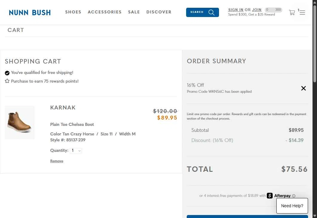 Nunn Bush checkout page showing Nunn Bush promo code box | Screenshot taken by SimplyCodes community member on Dec 6, 2025