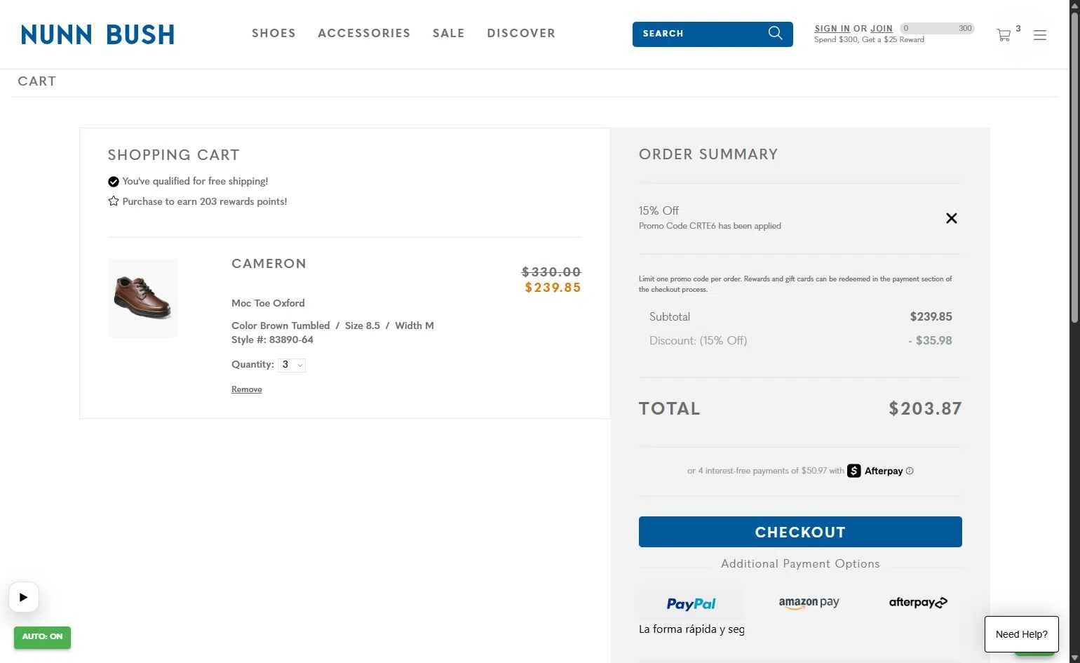 Nunn Bush checkout page showing Nunn Bush promo code box | Screenshot taken by SimplyCodes community member on Jan 26, 2026