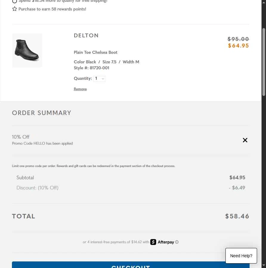 Nunn Bush checkout page showing Nunn Bush promo code box | Screenshot taken by SimplyCodes community member on Jan 3, 2026