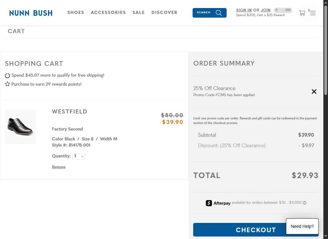 Nunn Bush checkout page showing Nunn Bush promo code box | Screenshot taken by SimplyCodes community member on Jan 13, 2026
