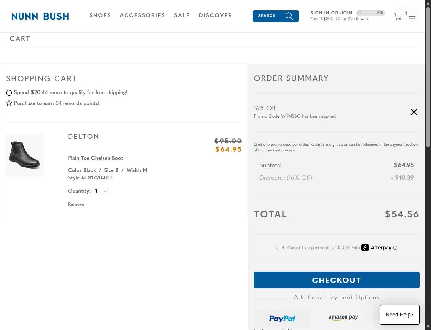 Nunn Bush checkout page showing Nunn Bush promo code box | Screenshot taken by SimplyCodes community member on Jan 4, 2026