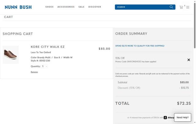 Nunn Bush checkout page showing Nunn Bush promo code box | Screenshot taken by SimplyCodes community member on Aug 11, 2025