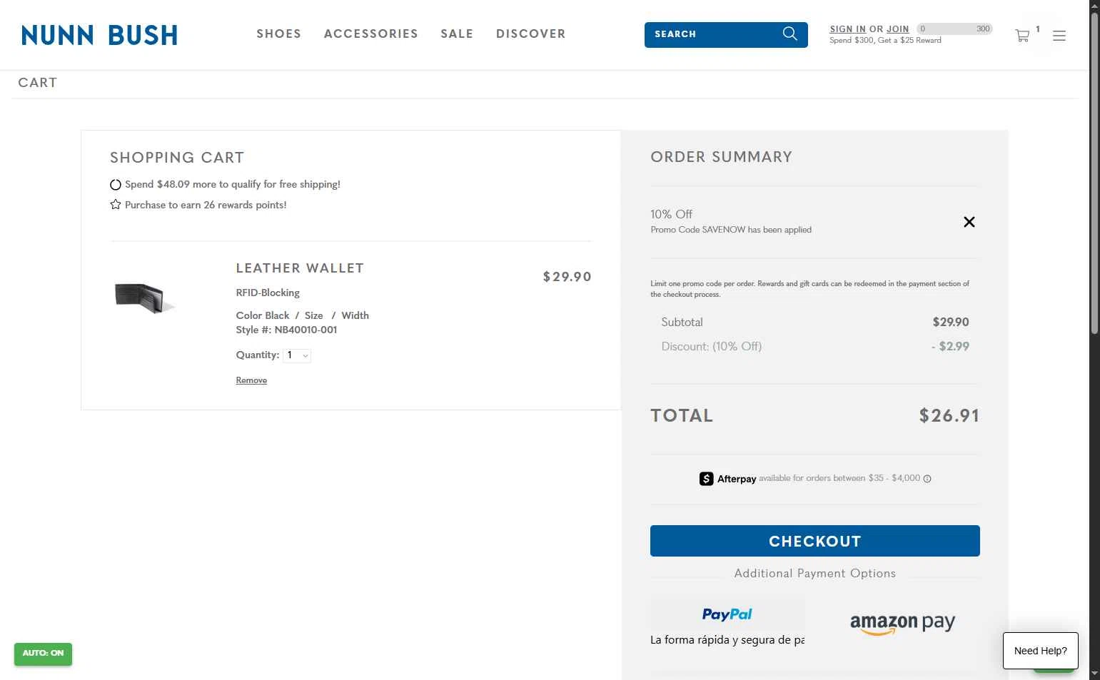 Nunn Bush checkout page showing Nunn Bush promo code box | Screenshot taken by SimplyCodes community member on Jan 4, 2026