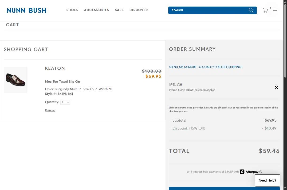 Nunn Bush checkout page showing Nunn Bush promo code box | Screenshot taken by SimplyCodes community member on Oct 10, 2025