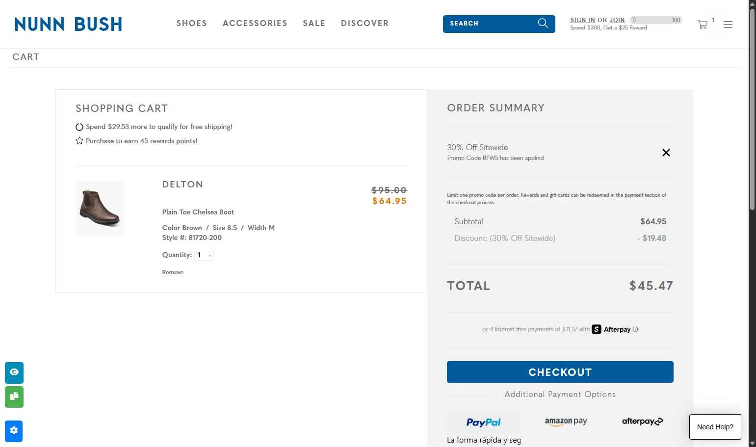 Nunn Bush checkout page showing Nunn Bush promo code box | Screenshot taken by SimplyCodes community member on Nov 25, 2025